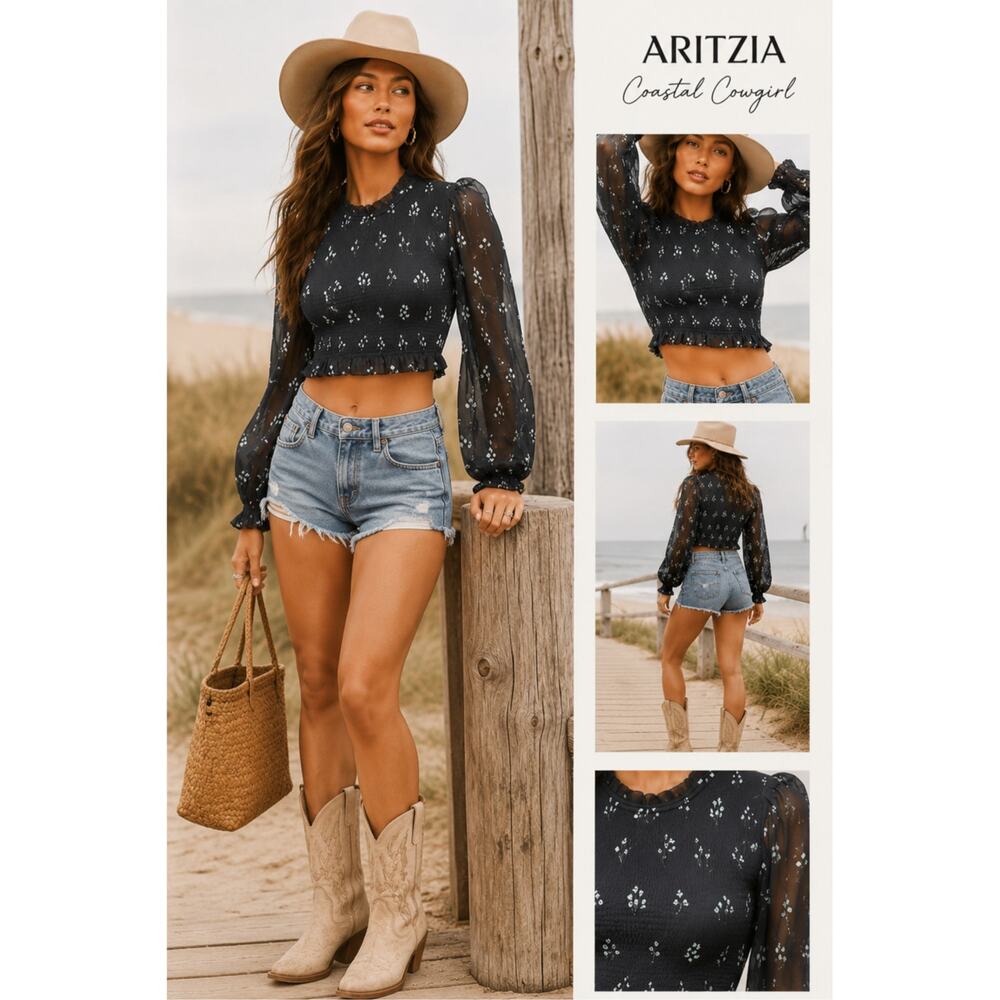 Aritzia Wilfred Tempest Blouse Black/Forget Me Not Size XS Crop Coastal Cowgirl